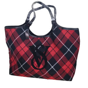 Victoria's Secret Plaid Flannel Red and Black Tote Bag Embroidered Logo